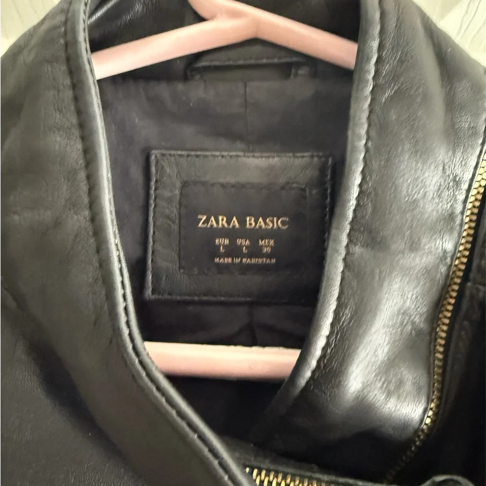 Zara Black Leather Women’s Zippered Moto Jacket, fitted, casual, stand collar, L - Picture 7 of 12